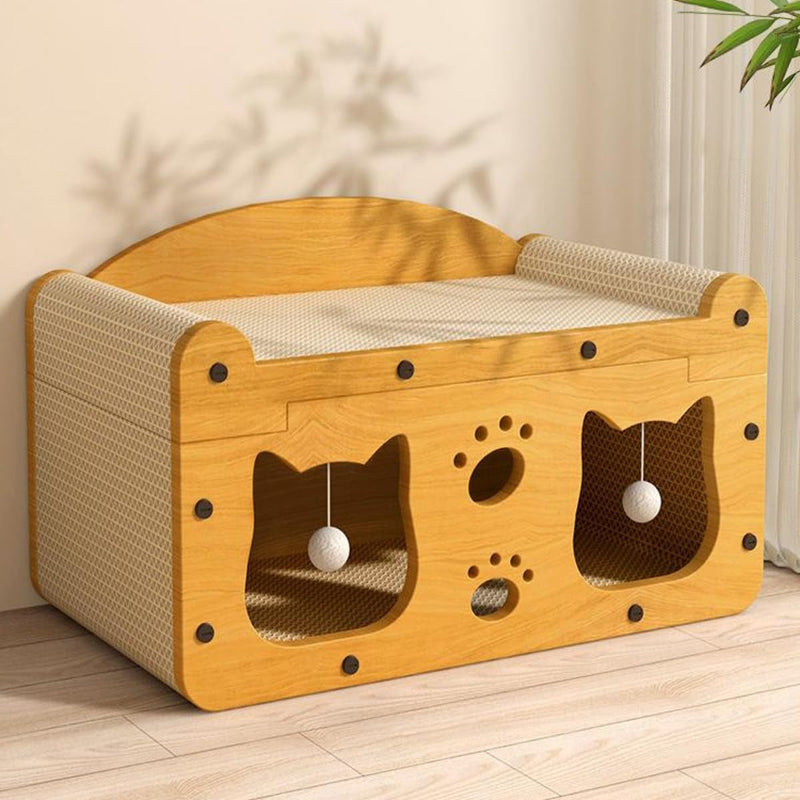 2-In-1 Cat Scratching Bed with Hideaway House, Wear-Resistant Corrugated Cardboard Cat Furniture for Indoor Cats, 22X11X11.4In Double-Layer